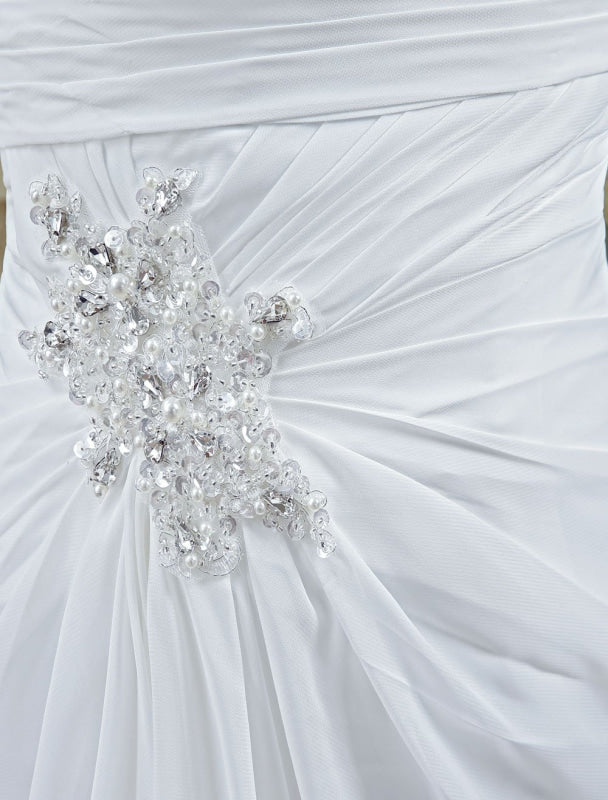 White Wedding Dress Strapless Twisted Split Rhinestone Chiffon Wedding Gown