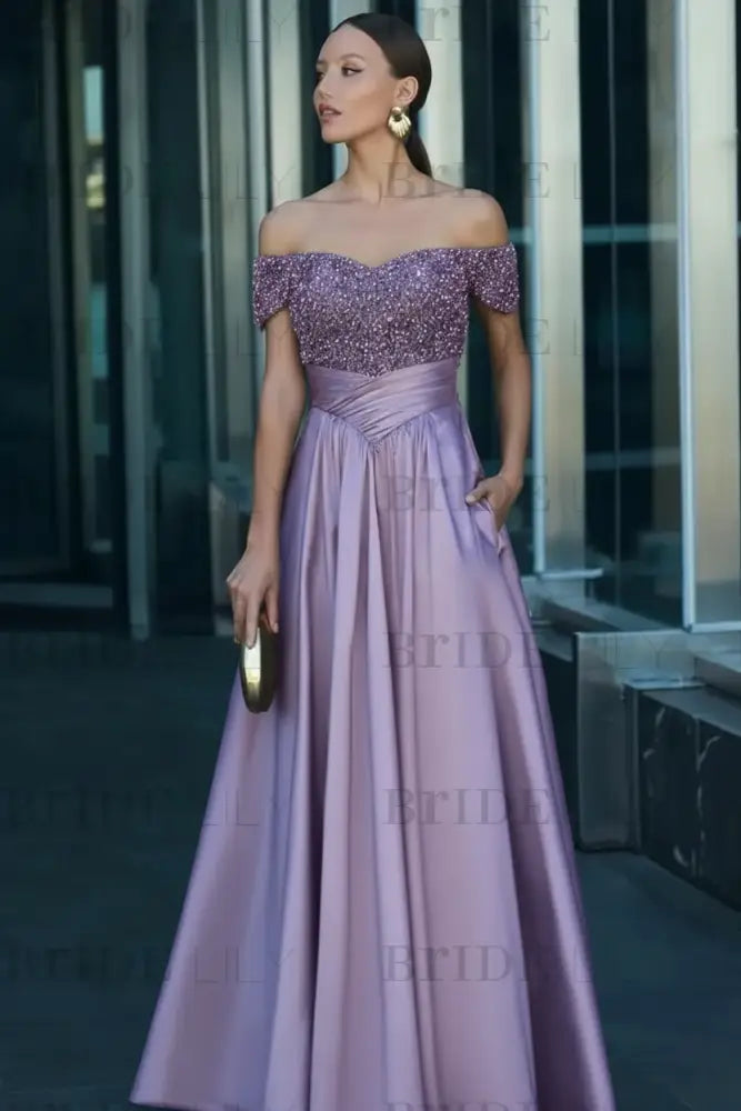 Off-the-Shoulder Dark Green Satin Aline Formal Dress with Beadings