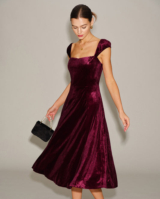 Red Velour Sweetheart Neck Midi Dress