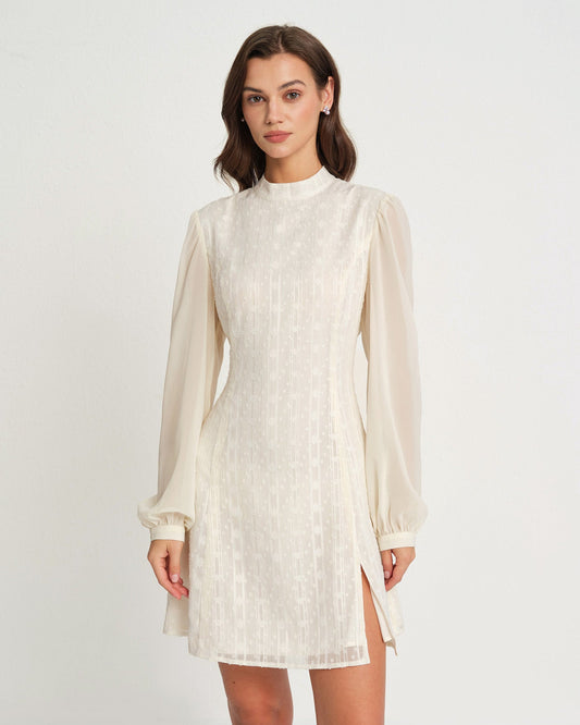 Beige Chiffon Mock Neck Mini Dress