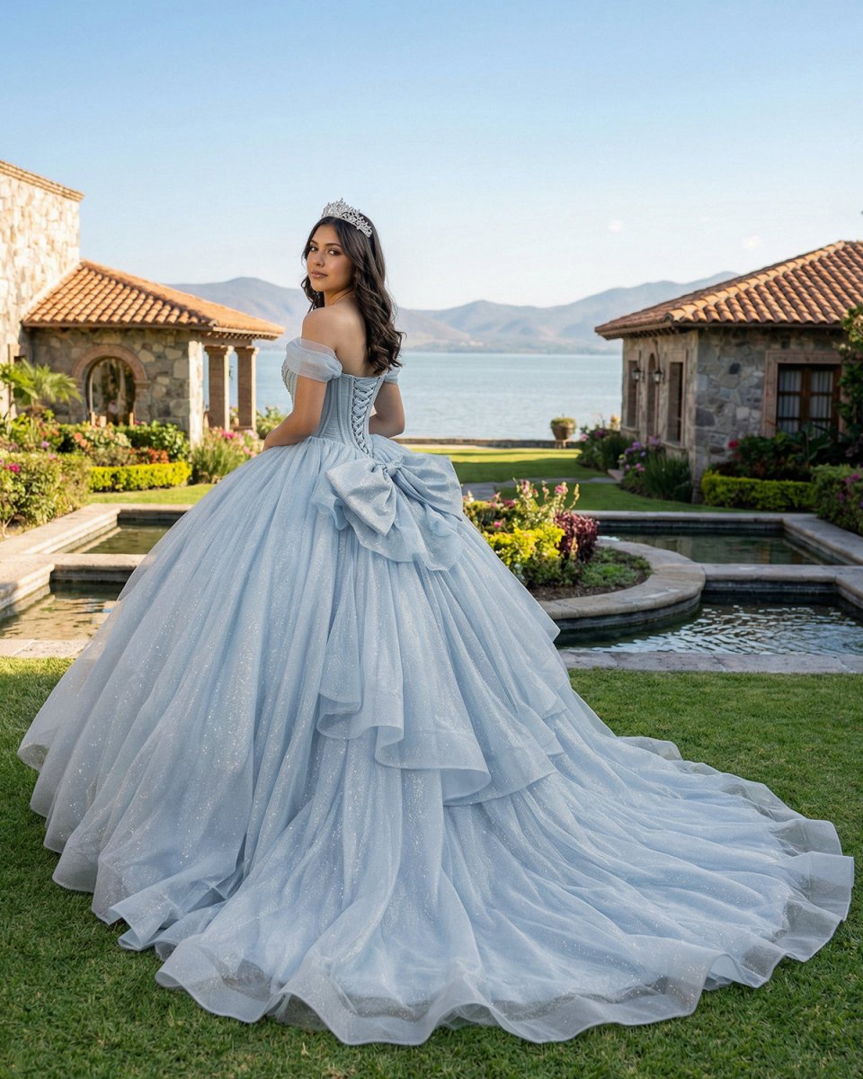 Light Blue Off the Shoulder Tulle Princess Long Corset Quinceanera Dress with Bow
