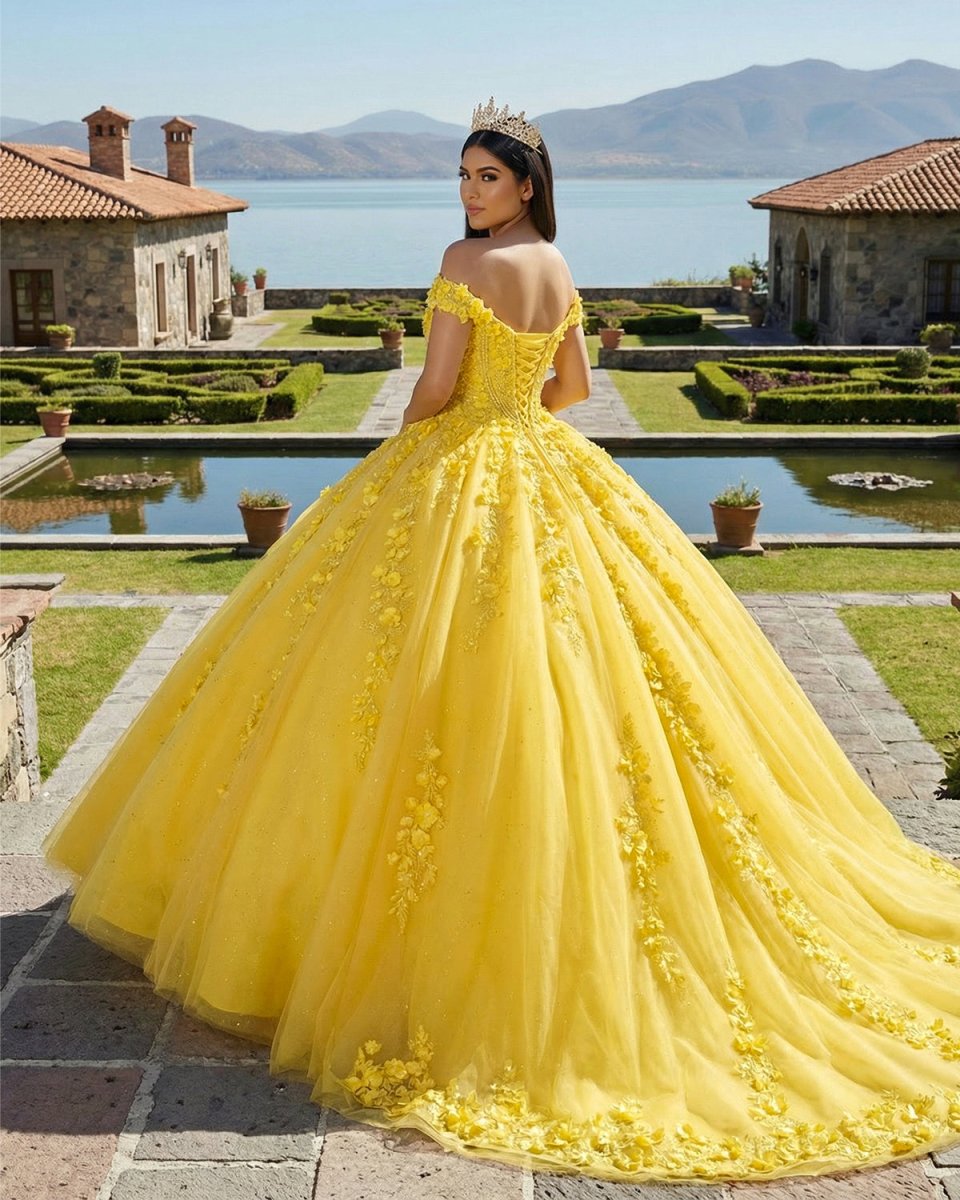 Quinceanera Dress Yellow Off-the-Shoulder Ball Gown with 3D Floral Lace