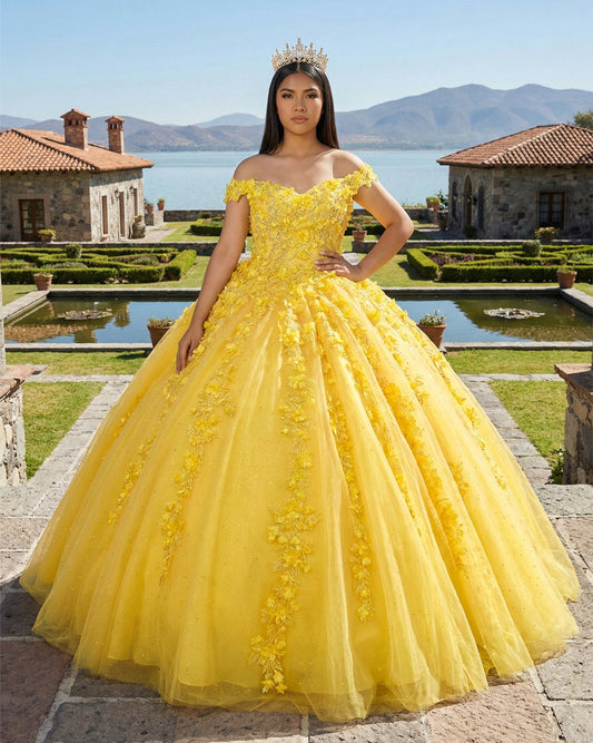 Quinceanera Dress Yellow Off-the-Shoulder Ball Gown with 3D Floral Lace