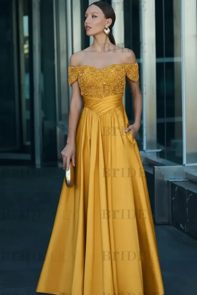 Off-the-Shoulder Dark Green Satin Aline Formal Dress with Beadings
